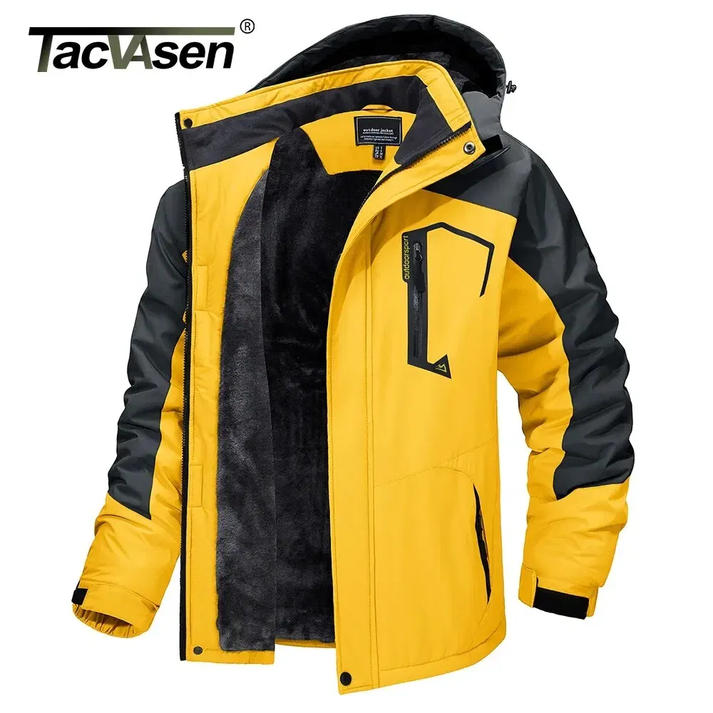 Size: 6XL, Color: Yellow - TACVASEN Winter Mens Skiing Jacket Hood Waterproof Hiking Fishing Travel Fleece Jacket Snowboard Coats Outdoor Parka Windbreaker