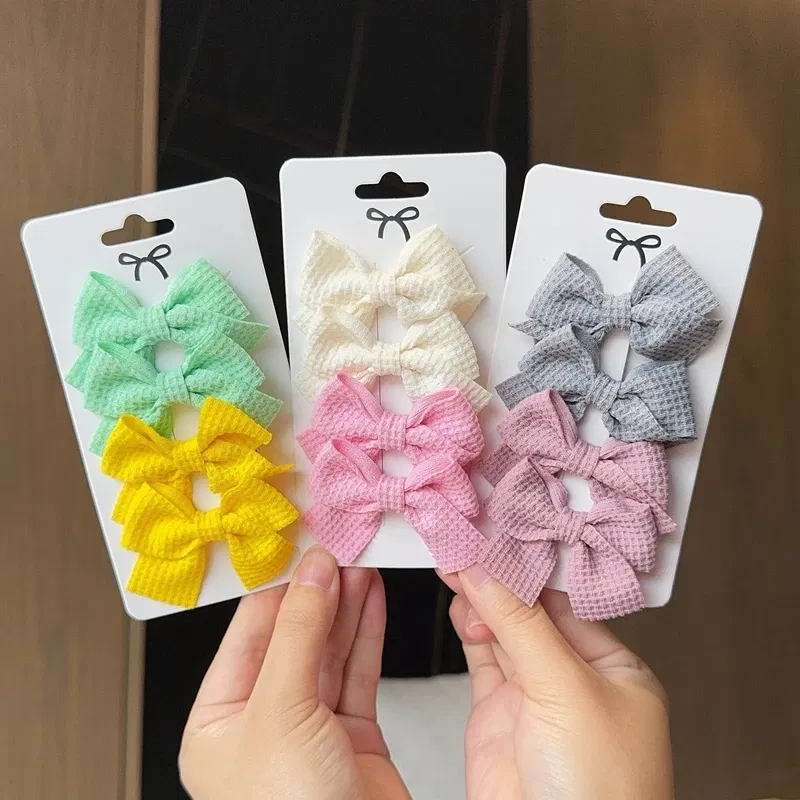 Color: Champagne - 4PCS Soft Cotton Bow Hairpin Girl Sweet Plaid Design Hairpin Color Block Delicate Hairgripe Barrettes Kawaii Child Accessories