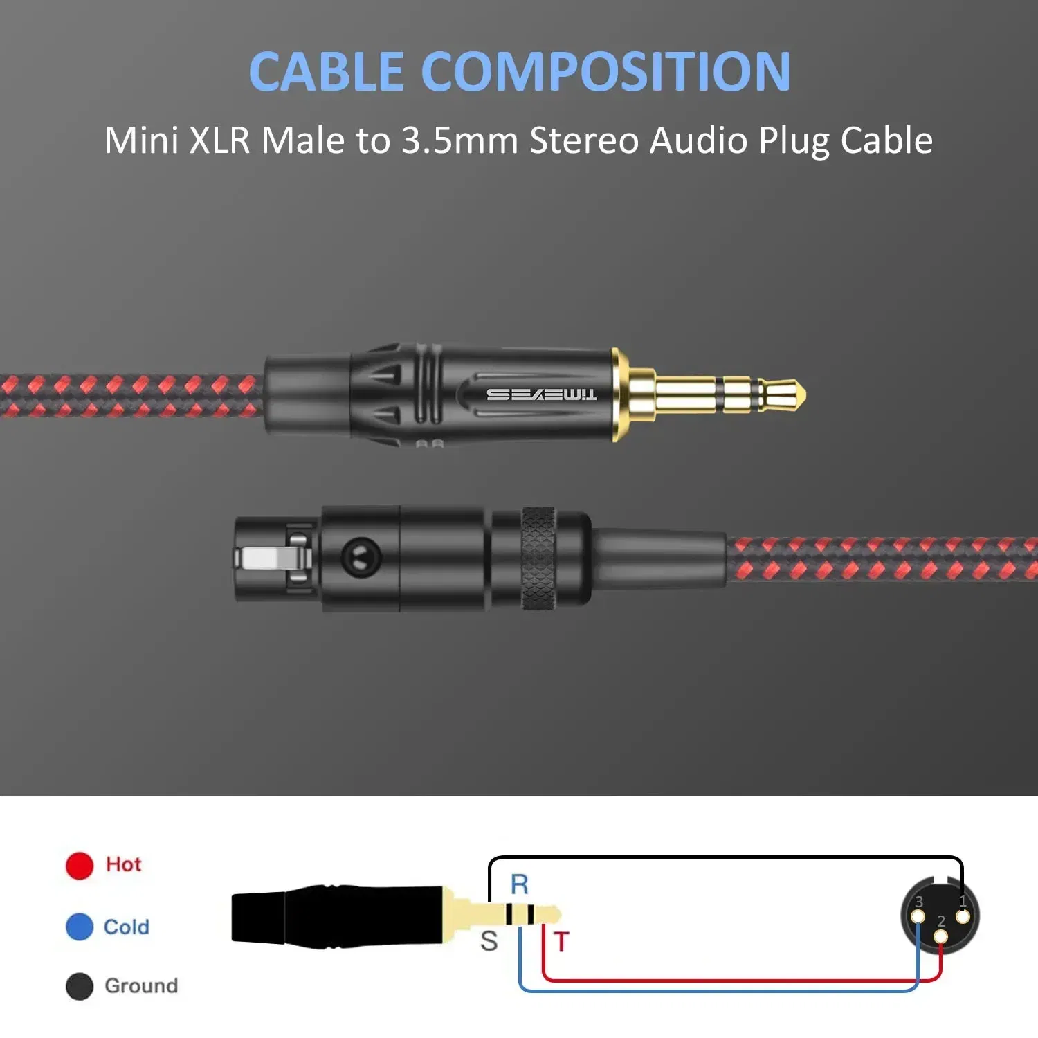 Color: Black, Length: 30m - TIMEYES 3.5mm To Mini XLR Female Stereo Audio Cable 1/8 Inch TRS To 3-pin Mini XLR Female Headphones Audio Cable