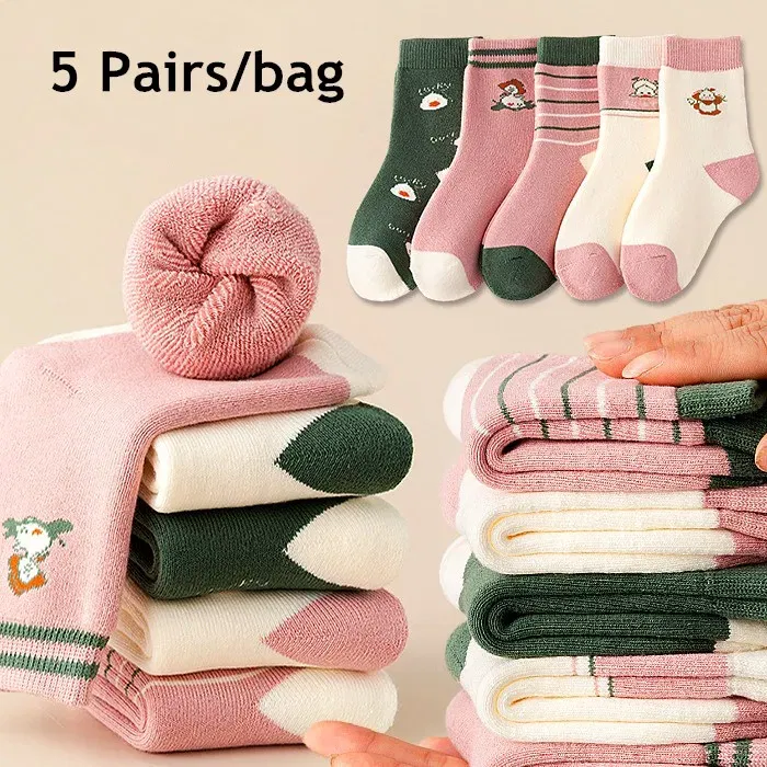 Color: SKY BLUE, Size: 4-6T - Girls' Winter Socks 5 Pairs Baby Warm Winter Socks Cute Cartoon Duck Pattern Medium Sock Thick Cotton Socks