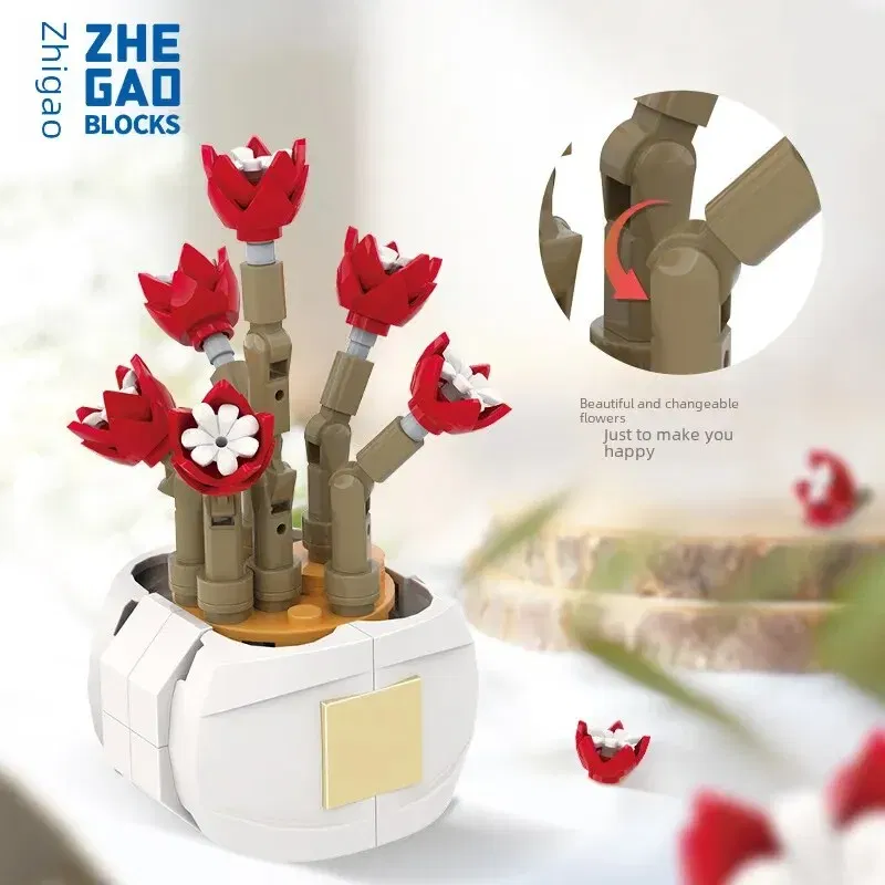 Ships From: CHINA, Color: Pink - Zhegao Cute Succulent Plant Building Blocks Potted Plant Assembly Toy Small Particle Desktop Ornament For Girls