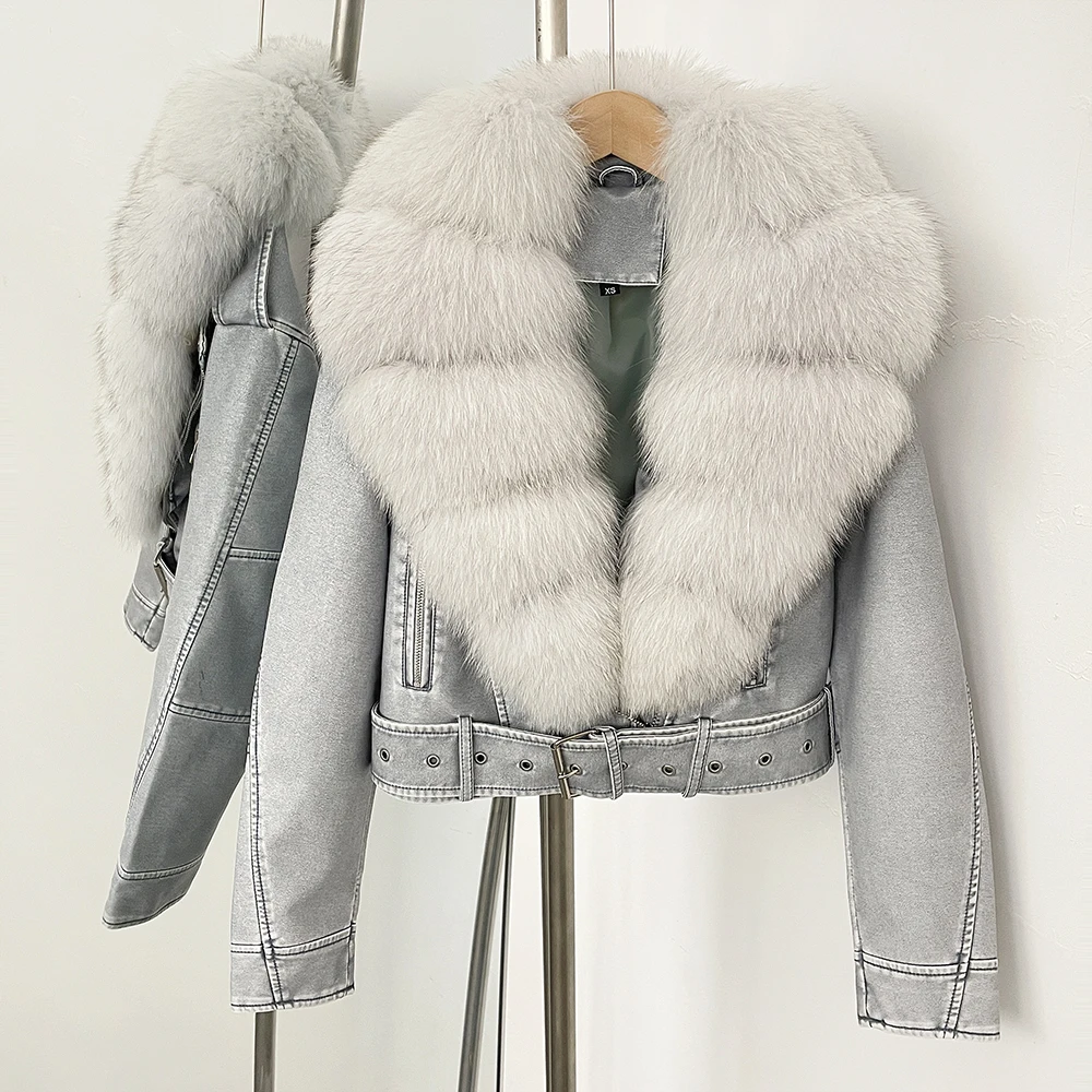 Color: Dark Grey, Size: S - Fake Leather Coat New Natural Fox Fur Autumn Short Faux Leather Jacket Female Spring PU Women Long Sleeve Real Fur Coat Thin