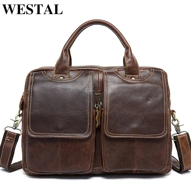 Color: SKY BLUE, Ships From: CHINA - WESTAL Men's Bag Genuine Leather Men's Briefcases Laptop Bag Leather Totes for Document Office Bags for Men Messenger Bags 8002