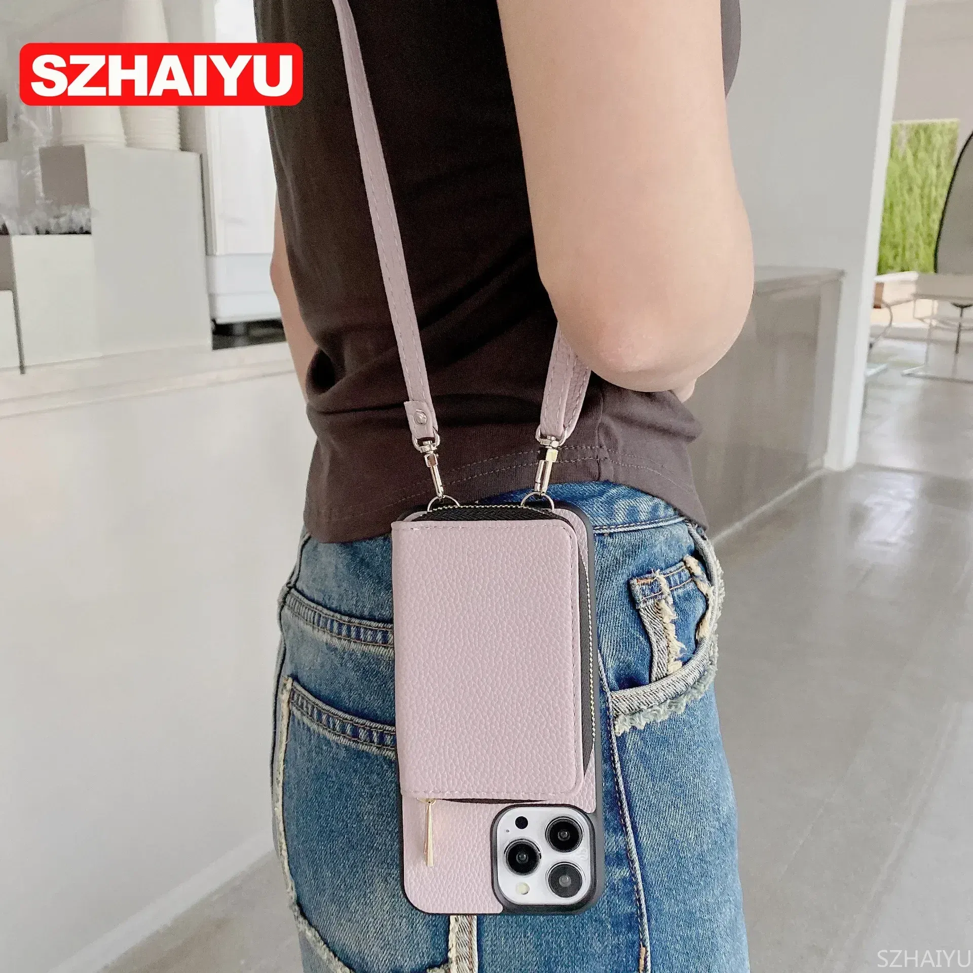 Material: Microfiber, Color: Gold - Zipper Wallet Phone Case For iPhone 16 15 14 13 12 Mini 11 Pro XS Max X Plus Card Slot Holder Crossbody Lanyard Leather Cover