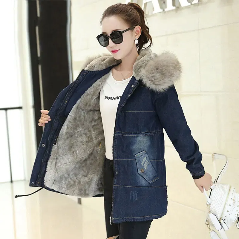 Color: Blue, Size: XXXL - 2019 New Plus Velvet Padded Coat Women Winter Denim Jacket With Large Fur Collar Denim Jacket Hooded Warm Cotton Clothing f1911