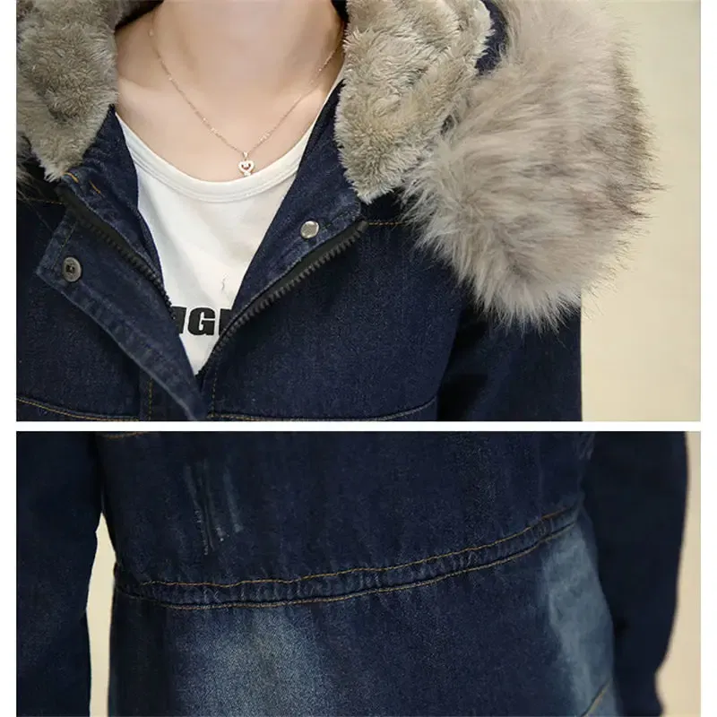 Color: Blue, Size: XXXL - 2019 New Plus Velvet Padded Coat Women Winter Denim Jacket With Large Fur Collar Denim Jacket Hooded Warm Cotton Clothing f1911