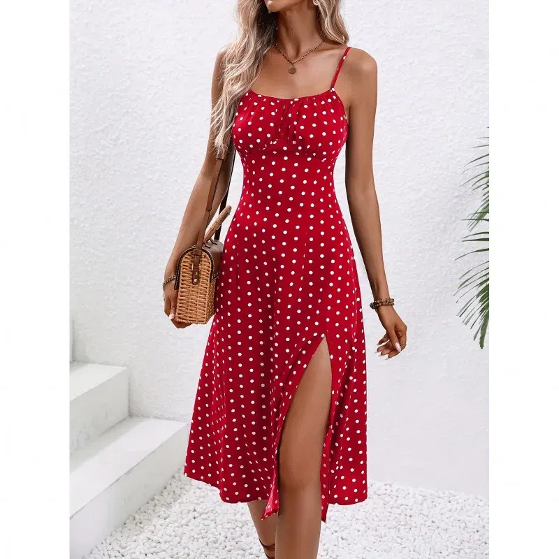 Color: SKY BLUE, Size: L - 2025 Summer Sexy Spaghetti Straps Dress Women Fashion Polka Dot Print Sleeveless Slit Dress Boho Casual Beach Midi Dresses