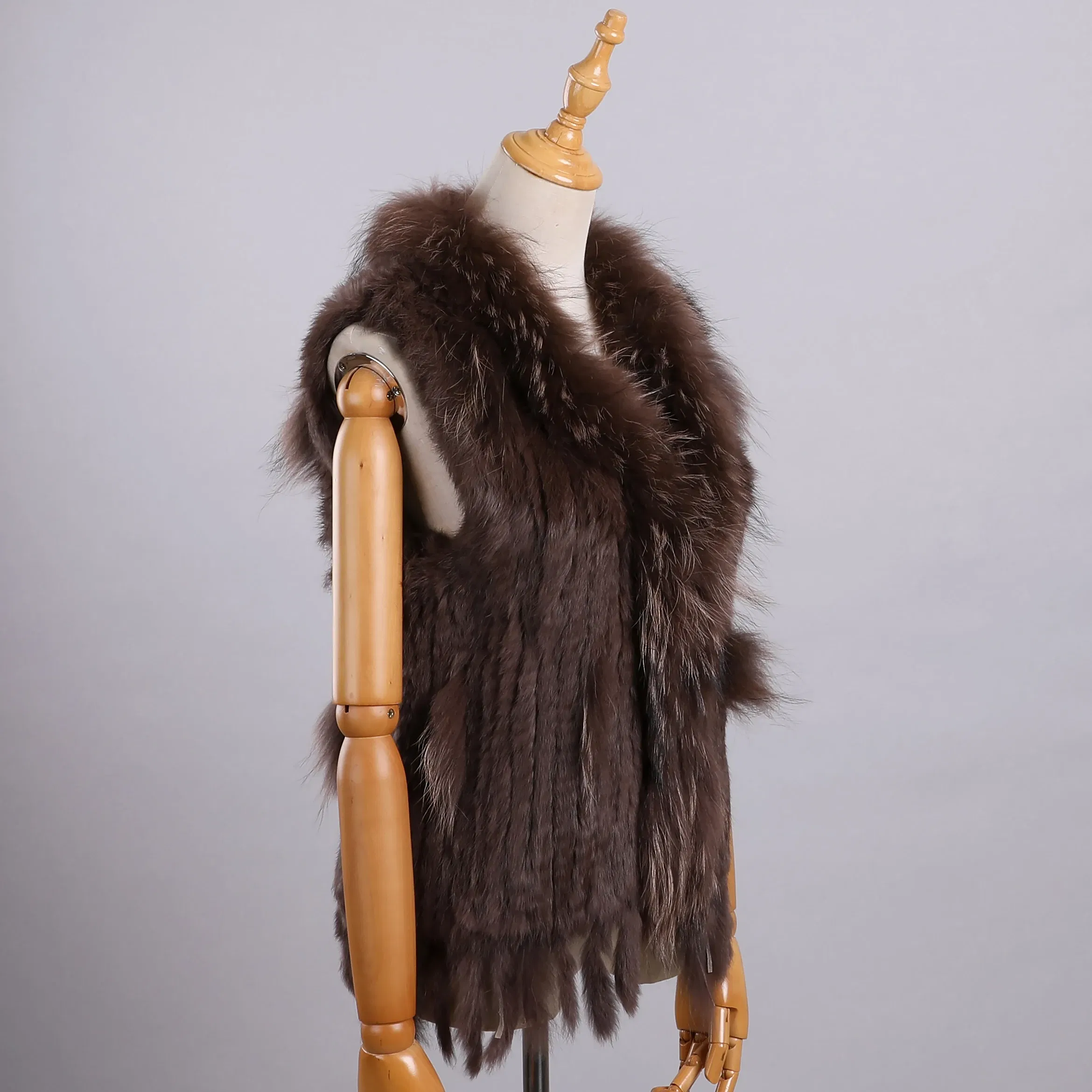 Color: Brown, Size: XXL - Luxury Women's Genuine Premium Long Hair Rabbit Fur Knit Vest Raccoon Fur Trim Gilet Lady Sleeveless Waistcoat Real Fur Jacket