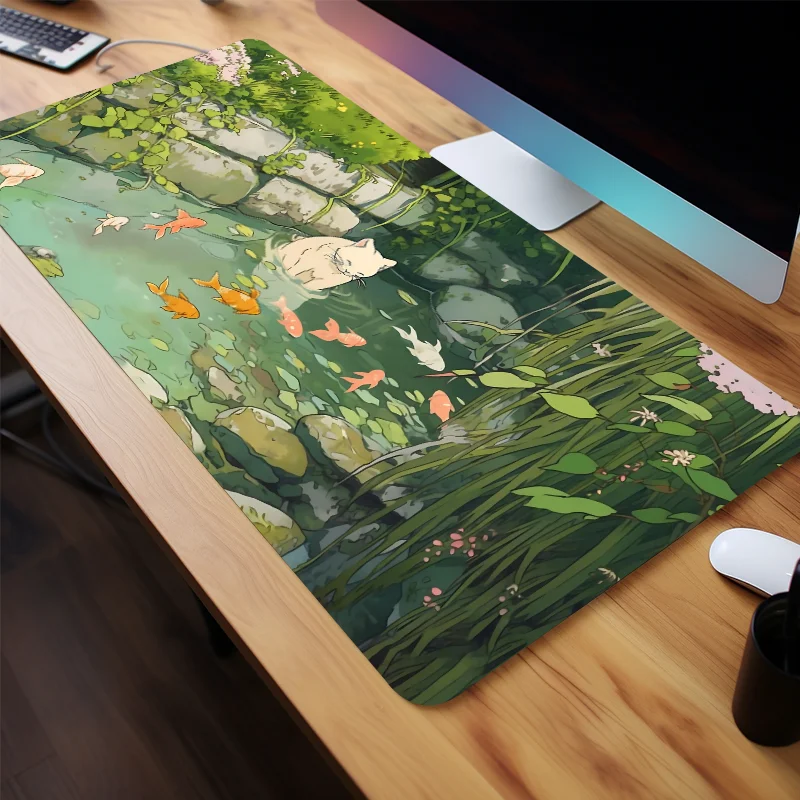 Size: 80x40 cm - Cute Cartoon Cat Fish Mouse Pad Green Large Computer Keyboard Pad Natural Rubber Anti-Slip Pad Perfect Gift for Girlfriend Women