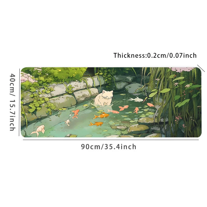 Size: 80x40 cm - Cute Cartoon Cat Fish Mouse Pad Green Large Computer Keyboard Pad Natural Rubber Anti-Slip Pad Perfect Gift for Girlfriend Women
