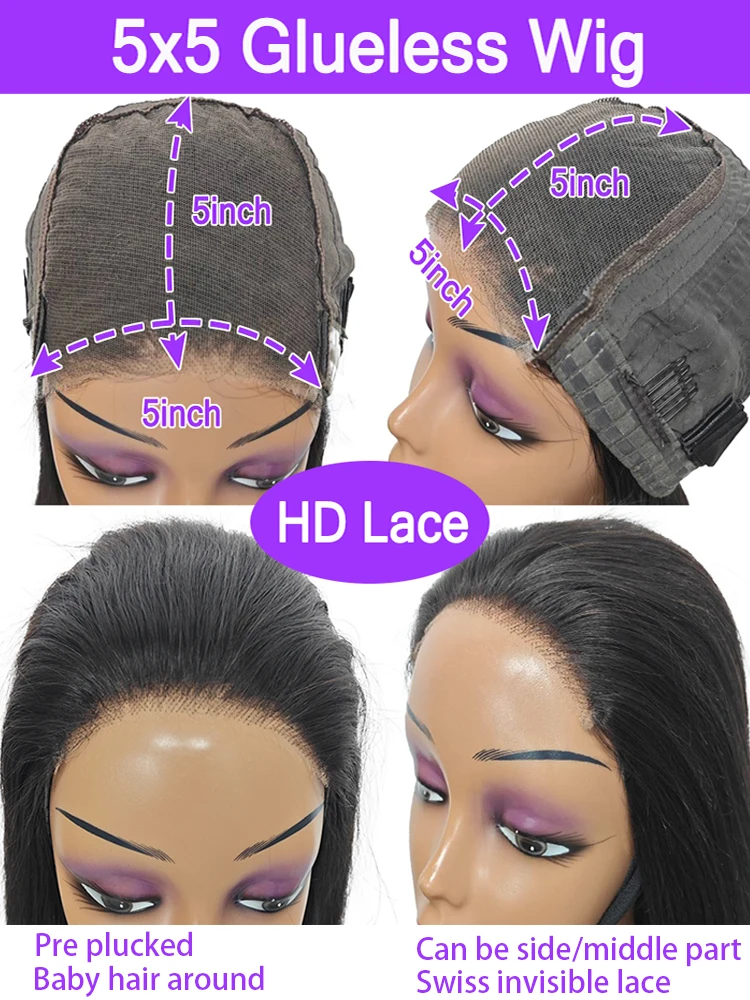 Hair Color: #1, Density: 180%, Ships From: CHINA, Stretched Length: 8inches - 5x5 Glueless Wig Wear and Go Human Hair Ready To Wear HD Lace Glueless Wigs Bone Straight Lace Front Human Hair Wig For Women
