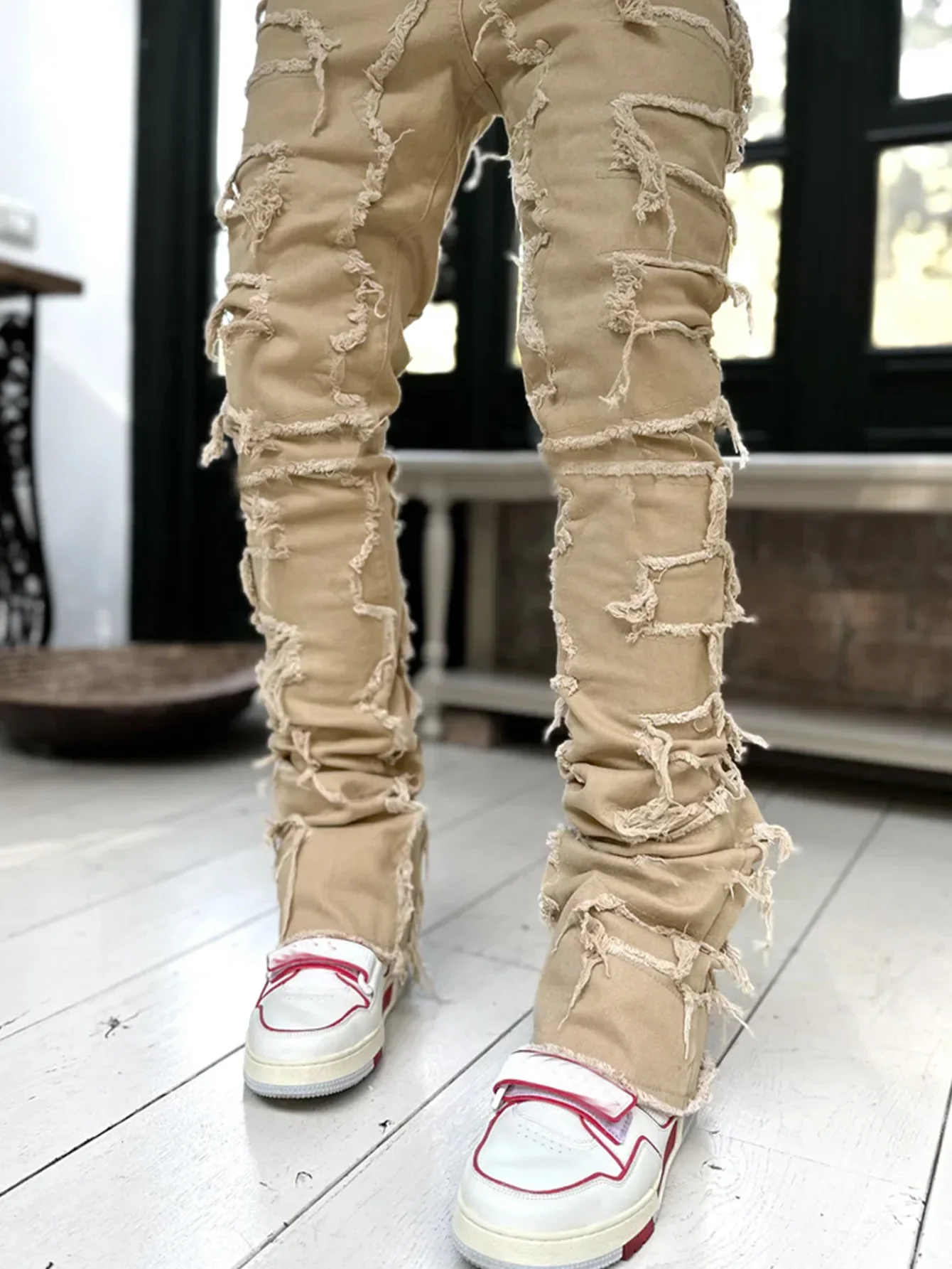 Color: GRAY, Size: XXL - Men's Regular Fit Stacked Jeans Ripped Slim Fit Patch Distressed Destroyed Straight Denim Pants Hip Hop Streetwear Trouser Cloth