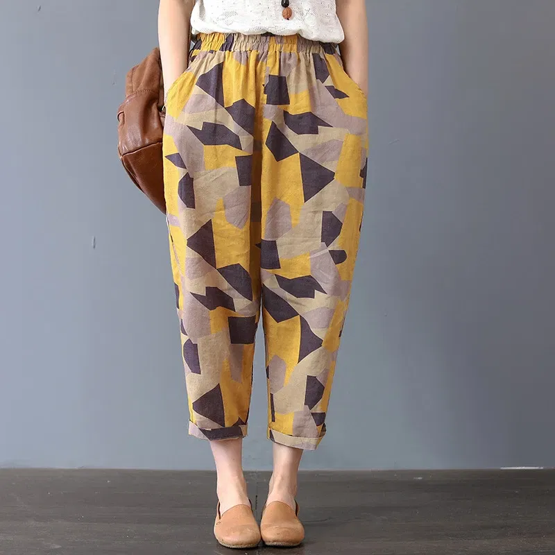 Color: Gold, Size: XXXL - Cotton and Linen Pants for Women Summer  Printing Harem Pants Female Mother Loose Retro Fashion Women's Ankle Length  Pants