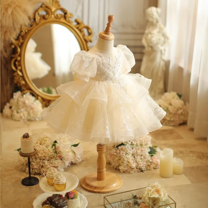 Kid Size: 4T, Color: Khaki - Baby Girls Birthday Dress Elegant Princess Gown High-End Sequin Tulle Tutu Dresses Cake Special Occasions Toddler Party Clothes