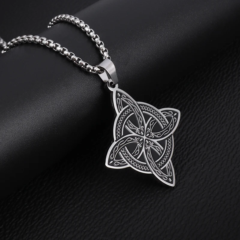 Metal Color: Rust Red - Stainless Steel Silver Color Pattern Witch Knot Pendant Necklace Celtic Knot Lucky Jewelry Gift for Friends Family