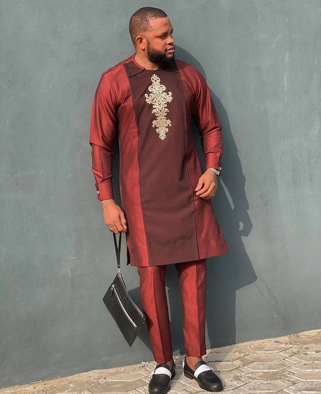 Color: GRAY, Size: 4XL - New Men's Tenos Wedding 2-Piece Suit Waist Pants Shirt Solid Color Panel Long Sleeve Party African Ethnic Style Clothing (M-4XL)