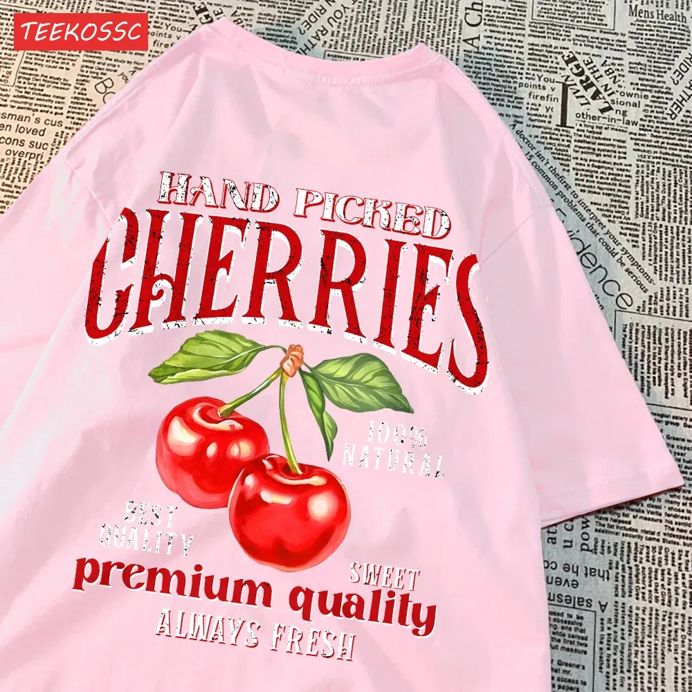 Color: Blue, Size: L - Summer Lemon Cherries Prints T-Shirts Cotton Women's Tops Oversize O-Neck Soft Short Sleeve tees Street Casual Womans Clothes