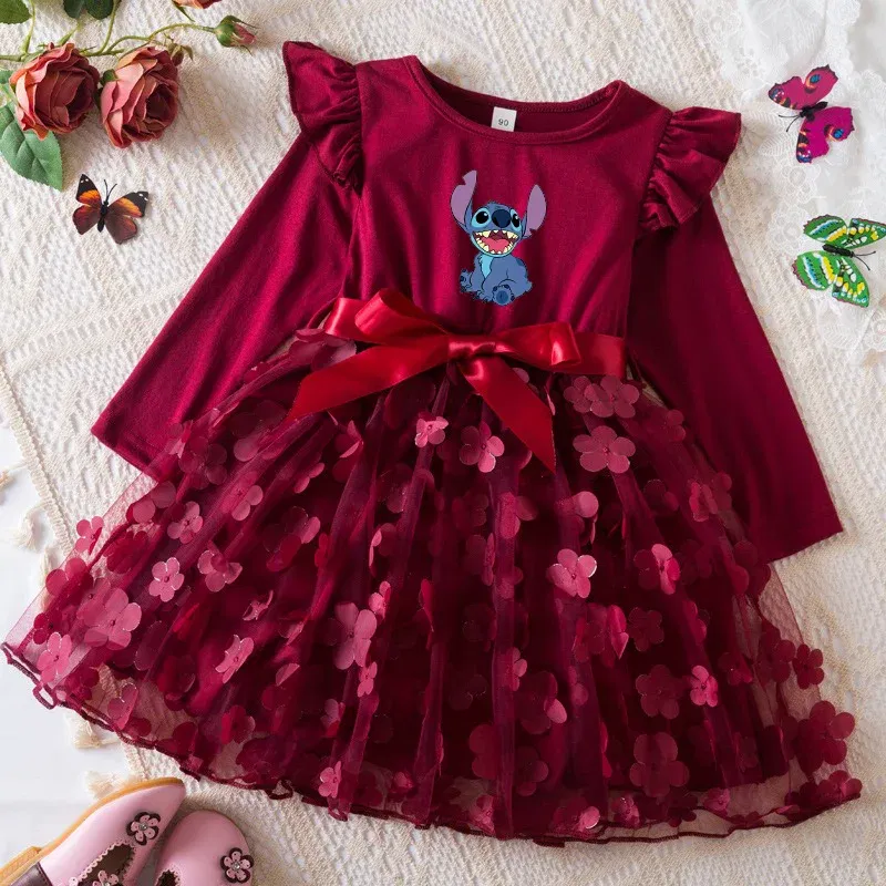 Color: Mint, Size: One Size, Height: 176 - Lilo Stitch Girl Baby Dresses Spring Autumn Child Long Sleeve Sweet Princess Dress Mesh Newborn Casual Dress Birthday Party 2-6Y