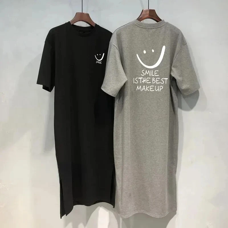 Size: XXL, Color: GRAY - Women's Summer New Short Sleeved T-shirt Dress Loose Mid Length Over Knee Dress