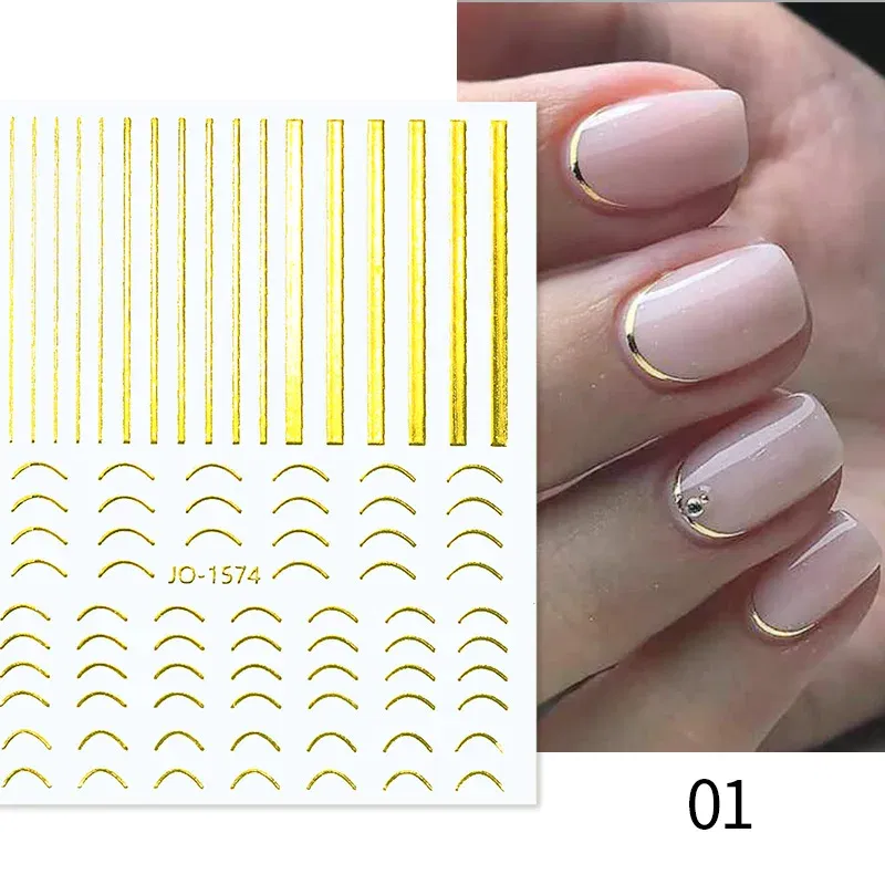 White French 3D Nail Stickers Manicure Gradient Line Flower Nail Art Designs Self-Adhesive Nail Tips Guides for DIY Decoration