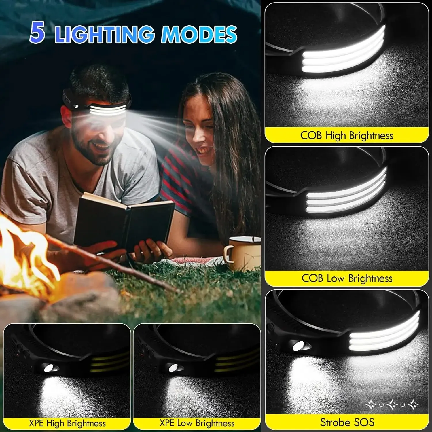 Emitting Color: Warm White - COB LED Headlamp Induction Head Lamp Built-in Battery USB Rechargeable Head Flashlight Outdoor Camping Fishing Sensor Headlight
