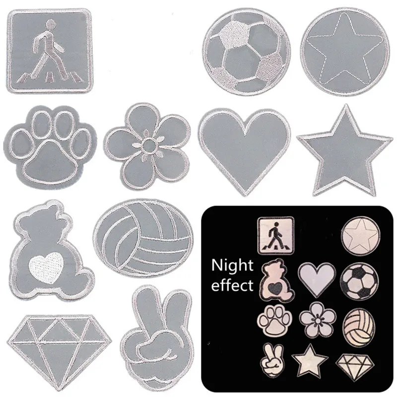 Color: antique silver - 1pc Reflective Patches For Night Clothing Iron On Star Heart Flower Football Hand Diamond Stickers Diy Jackets Badge Appliques