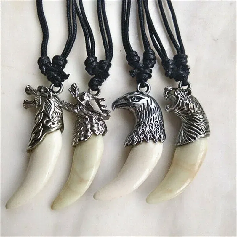 Metal Color: Blue Zinc, Length: 60cm, Ships From: CHINA - 8 style Punk Alloy Wolf Leopard head Eagle Head Tiger Teeth Pendant Necklace  Charms Beads Sweater Chain Rope Women Amulet