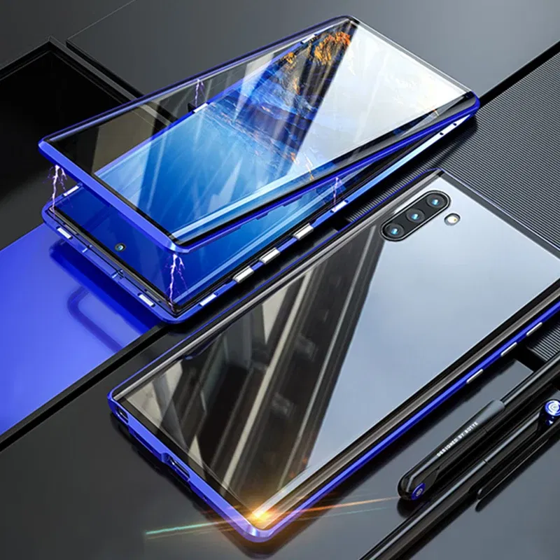 Color: Blue, Material: leather - Full Wrap Metal Bezel Case For Samsung Galaxy S23 S22 Ultra S21 S20 FE S24 Note 10 20 Lite Plus Double-Sided Glass Back Cover
