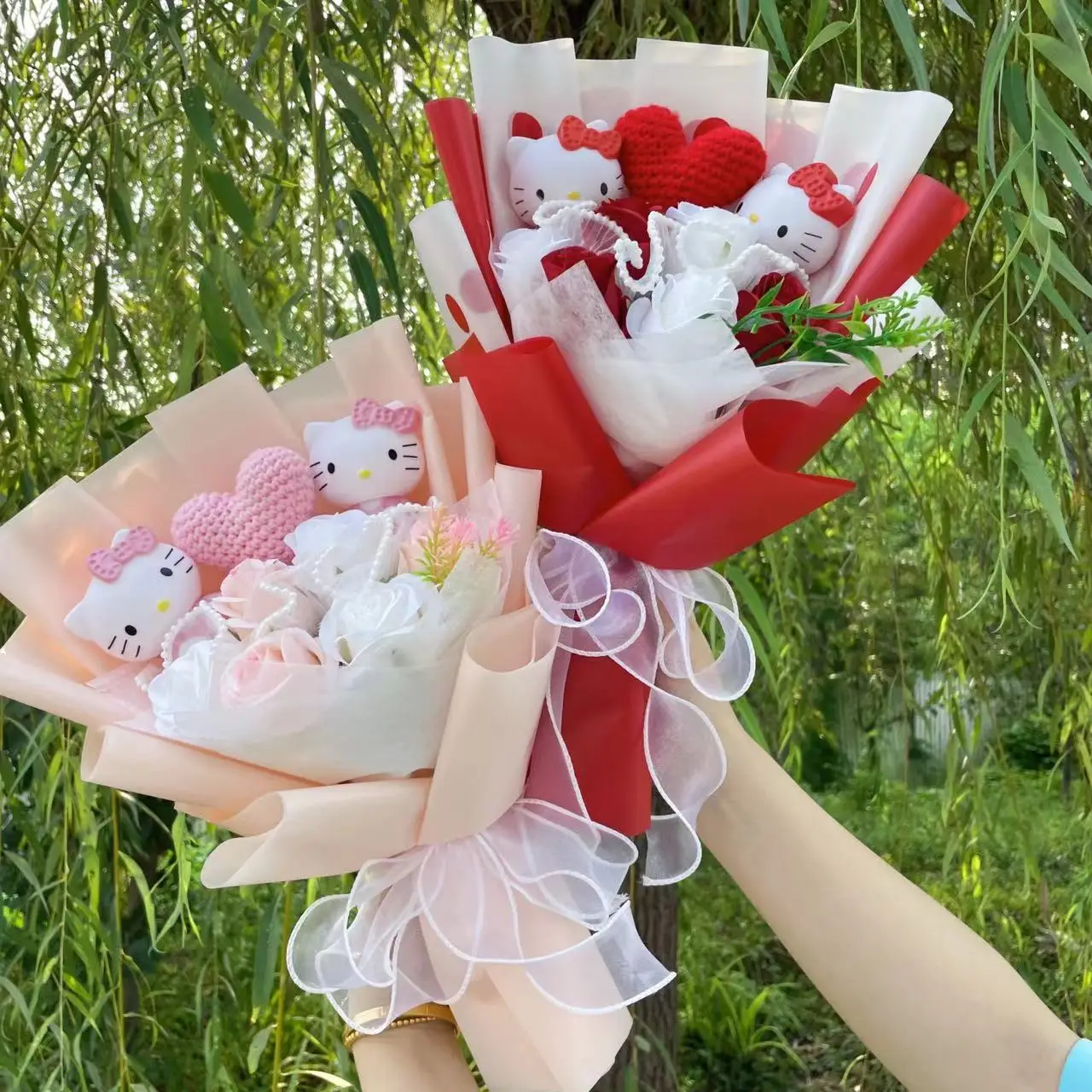 Color: Blue - Kawaii Hello Kitty Cat Dolls With Artificial Flowers Creative Bouquet Christmas Valentine Birthday Graduation Gifts