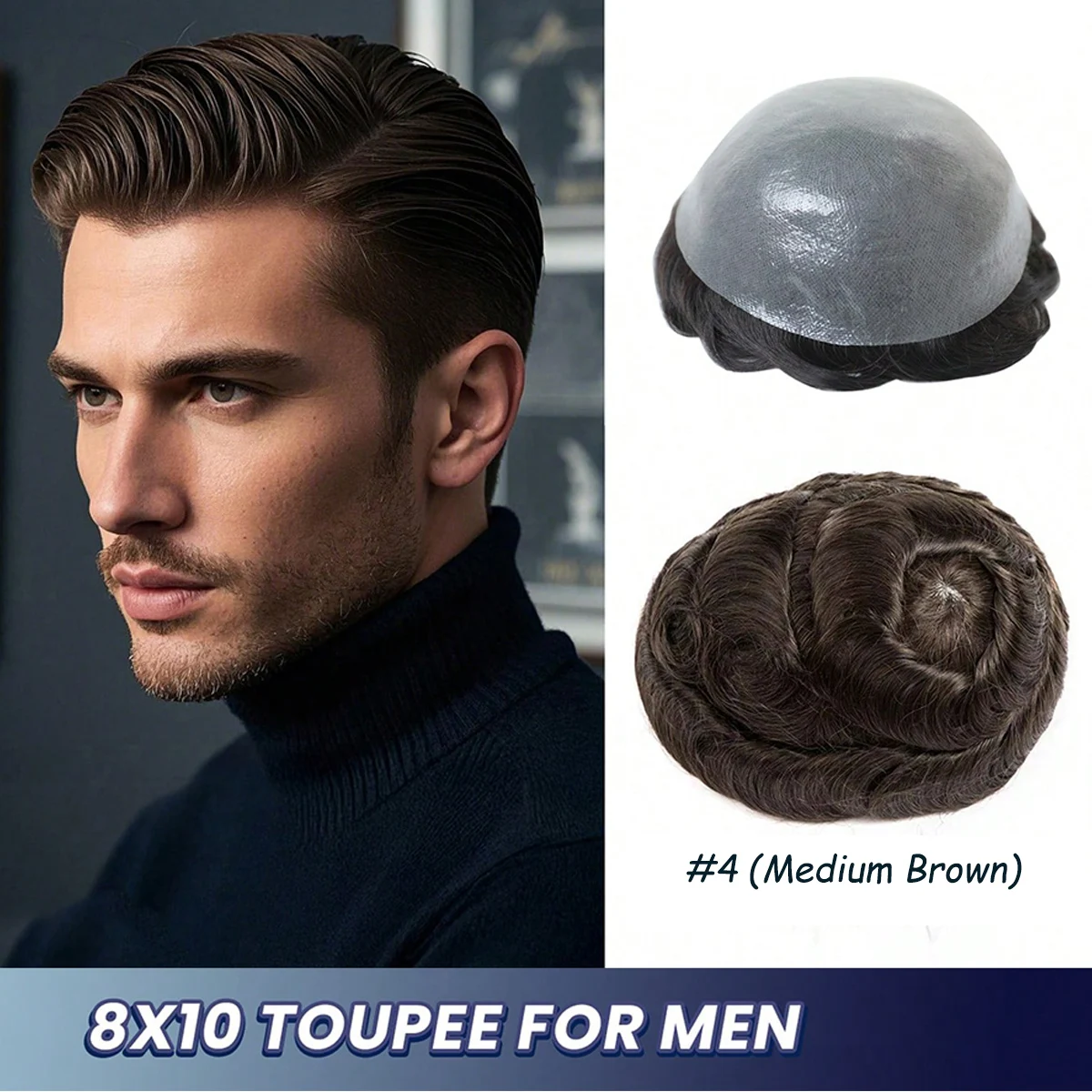Toupee for Men Human Hair Pieces for men silk straight hair replacement system in 10x8" base size Thin skin PU hair prosthesis