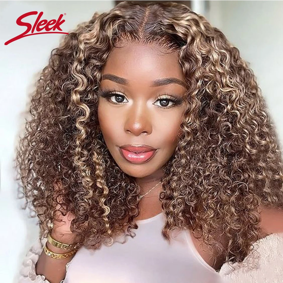Hair Color: T Color, Stretched Length: 14inches, Density: 230% - Sleek P4/27 Afro Kinky Curly Human Hair Bob Wigs Brazilian Highlight T1b/30 Remy Hair With Bang 250% Density Black Human Hair