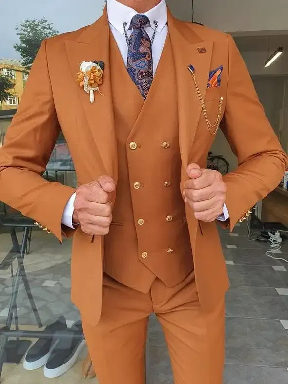 Color: Yellow, Size: XS, Ships From: CHINA - 3 Pieces New White Men's Suit 2022  Peak Lapel Slim Fit Casual Tuxedos Groom Tailor Made Terno Masculino (Blazer+Pants+Vest)