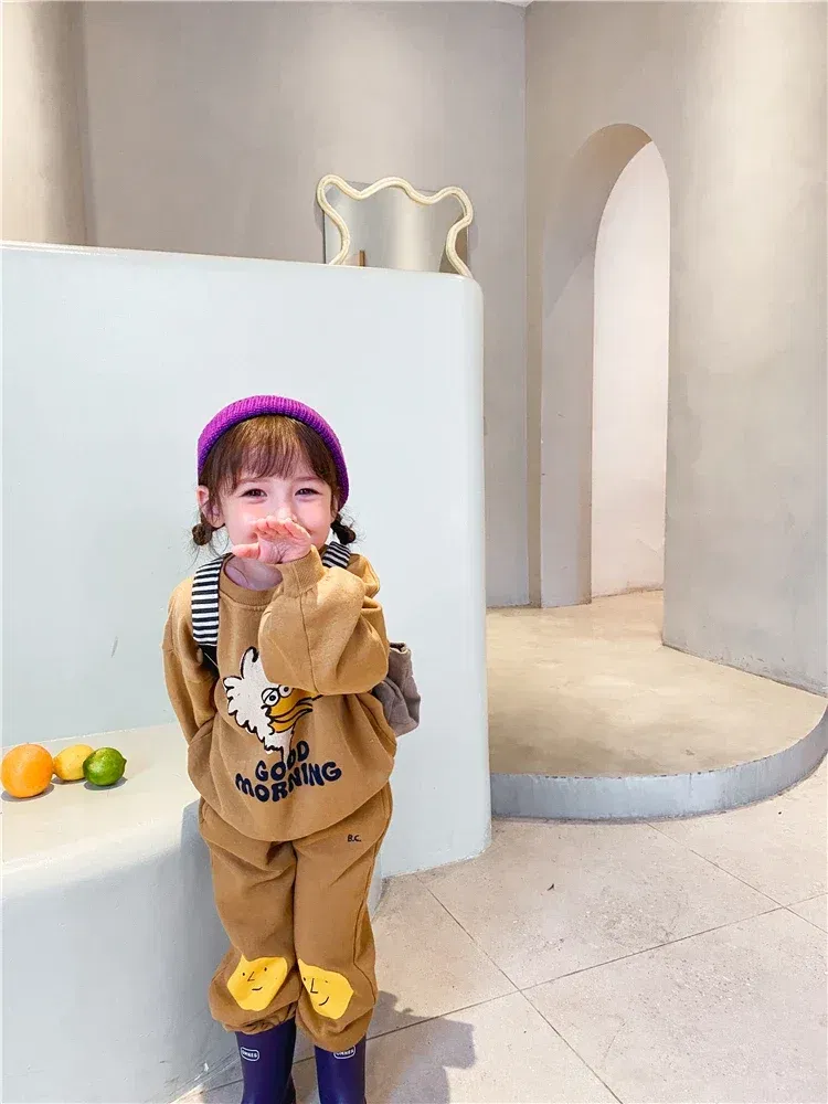 Color: Beige, Kid Size: 5 - Children's Spring Autumn Hoodie Cartoon Print Unisex Sweatshirt European Style Top for Boys And Girls