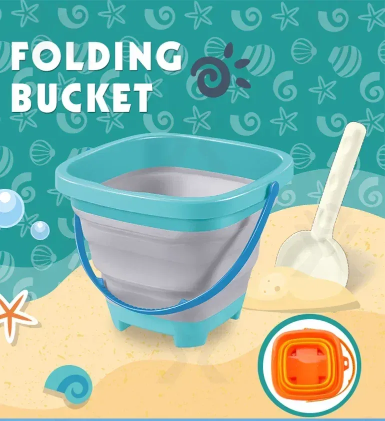 Color: Dark Khaki - Collapsible Beach Sand Toys for Kids Travel Beach Toys for Kids with Foldable Sand Bucket Beach Shovel Toys Kit for Toddlers