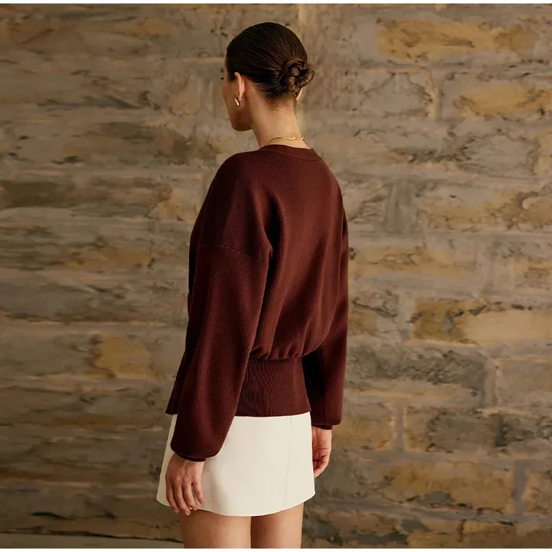 Color: Burgundy, Size: M - Women's Knitted Sweater with Elegant Temperament, Solid Color, Long Sleeved Buttons, Knitted Open