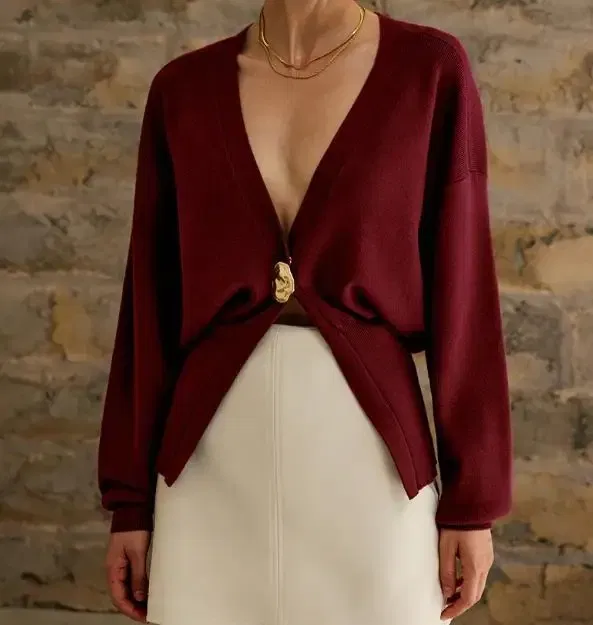 Color: Burgundy, Size: M - Women's Knitted Sweater with Elegant Temperament, Solid Color, Long Sleeved Buttons, Knitted Open