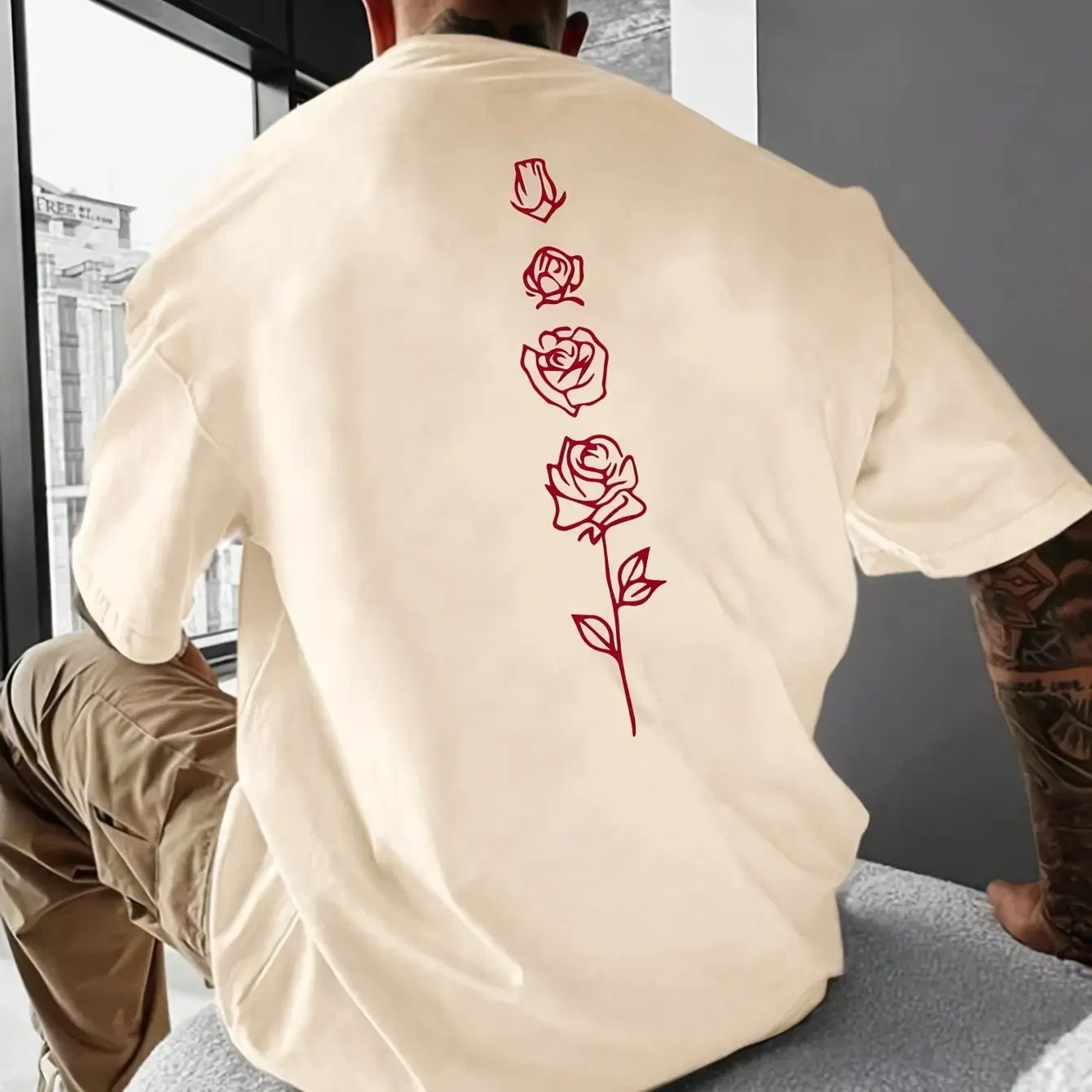 Color: Gold, Size: M - Men's Summer Loose Fit 100 Cotton Rose pattern Print T-shirt Tops