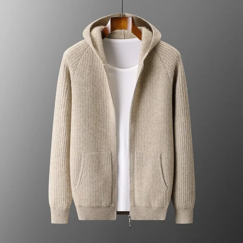 Color: Gold, Size: XXL, Ships From: CHINA - New Product 100% Merino Wool Knitted Cardigan For Men Hooded Sweater Casual High-end Jacket Men's long Sleeved Wool Sweater Coat