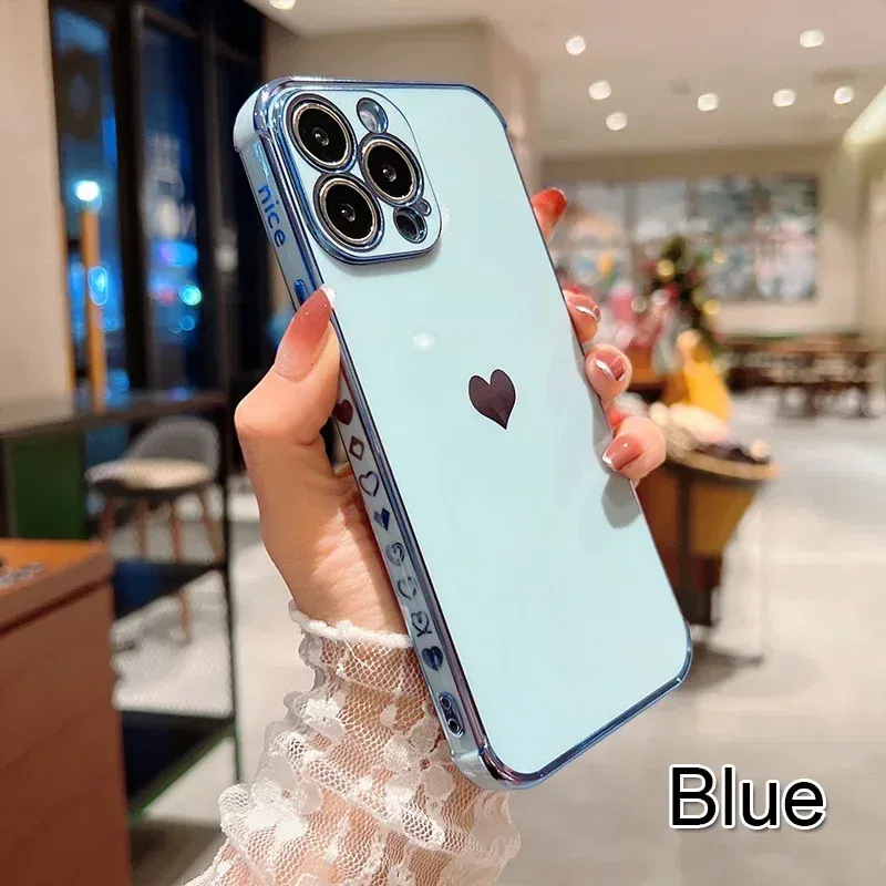 Color: Brown, Compatible-Phone Models: For iPhone 15, Ships From: CN - Electroplating Side Love Heart Phone Case For IPhone 16 15 14 13 12 11 Pro Max XR 8 Plus SE2/SE3 Shockproof Back Cover