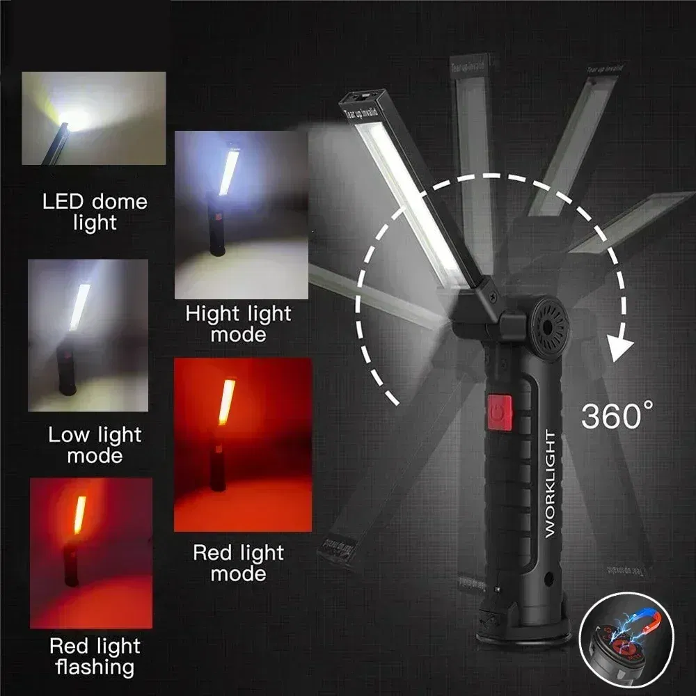 Emitting Color: Blue - COB LED Work Light Dimmable USB Rechargeable LED Flashlight Inspection Lamp With Magnetic Hook Power Bank 18650 Battery Torch