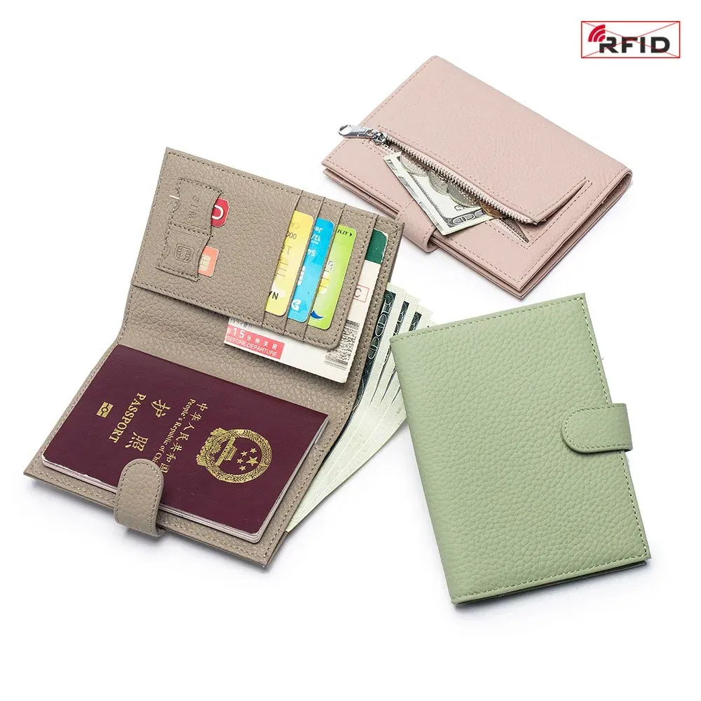 Color: Beige - Genuine Leather RFID Travel Passport Cover Case Wallet Bag Card Holder Cowhide Coin Purse Document Cover Flight Men Women