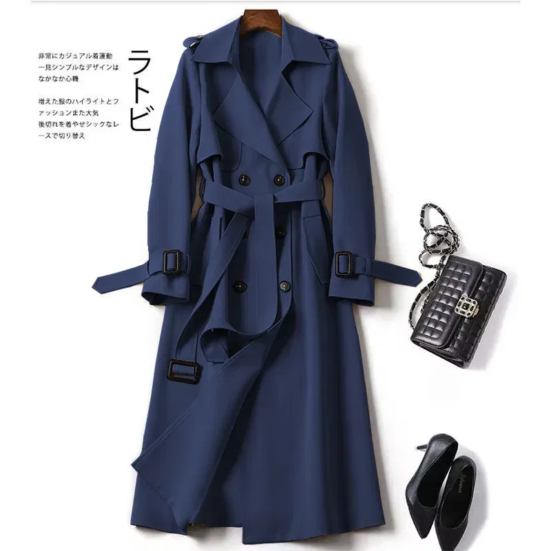 Color: Navy Blue, Size: XL - Autumn Winter Long Sleeve Trench Coat For Women 2024 Fashion Loose Office Lady Long Outerwears Jacket Coats Female Clothing