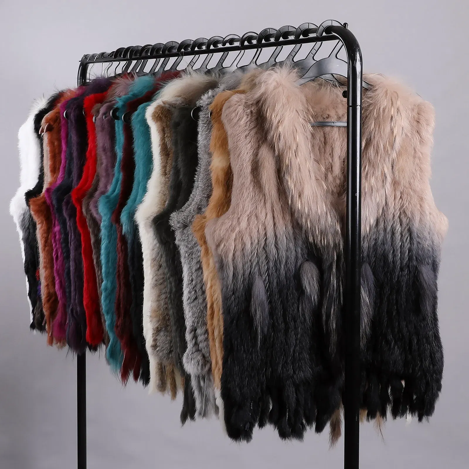 Color: Dark Grey, Size: XL - Luxury Women's Genuine Premium Long Hair Rabbit Fur Knit Vest Raccoon Fur Trim Gilet Lady Sleeveless Waistcoat Real Fur Jacket
