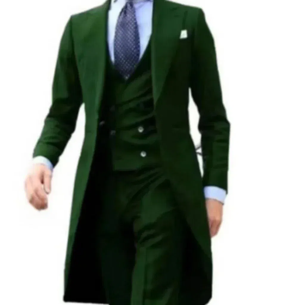 Color: green, Size: 4XL - Elegant man suit Slim Fit Suit Luxury Formal Tuxedos Wedding 3 Pieces Blazer Vest Pants Set Long Tail Coat One Button Custom
