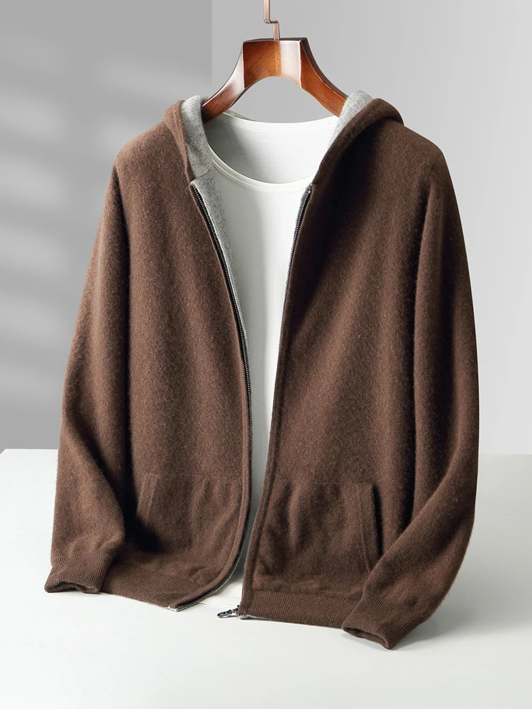 Color: Dark Grey, Size: L - Reversible Men's Wool Cardigan Sweater Autumn Winter Hooded  Solid 100% Merino Wool Knitted Casual Simple Man Jackets Thick Warm