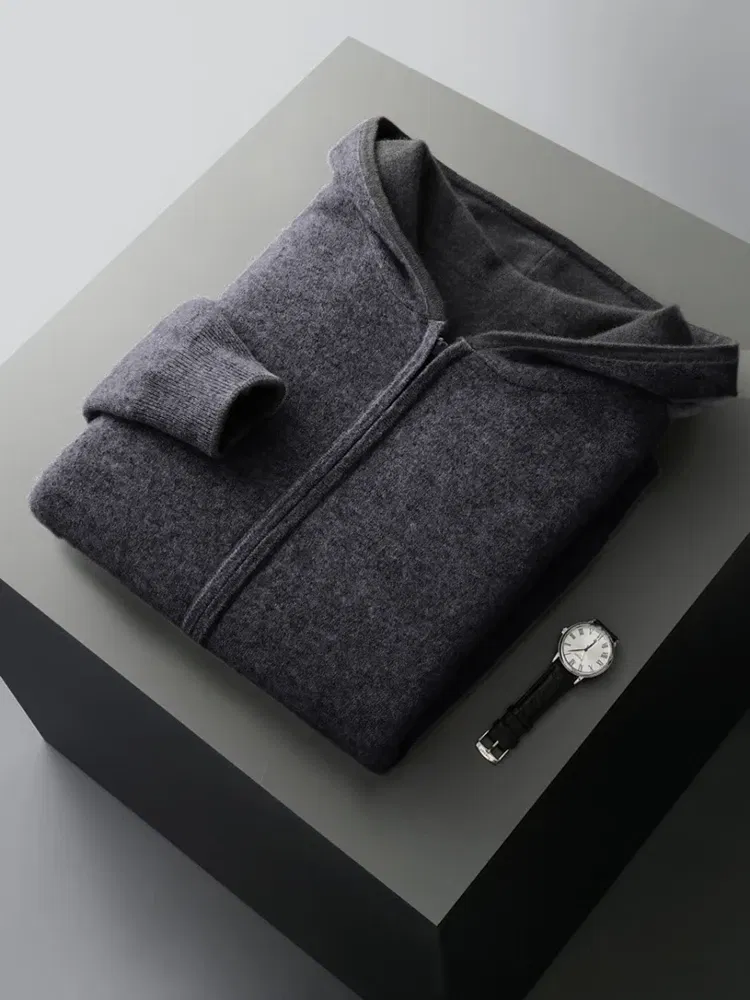 Color: Dark Grey, Size: L - Reversible Men's Wool Cardigan Sweater Autumn Winter Hooded  Solid 100% Merino Wool Knitted Casual Simple Man Jackets Thick Warm