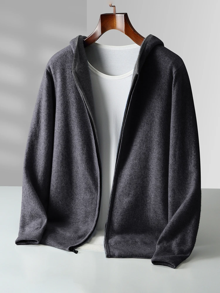 Color: Dark Grey, Size: L - Reversible Men's Wool Cardigan Sweater Autumn Winter Hooded  Solid 100% Merino Wool Knitted Casual Simple Man Jackets Thick Warm