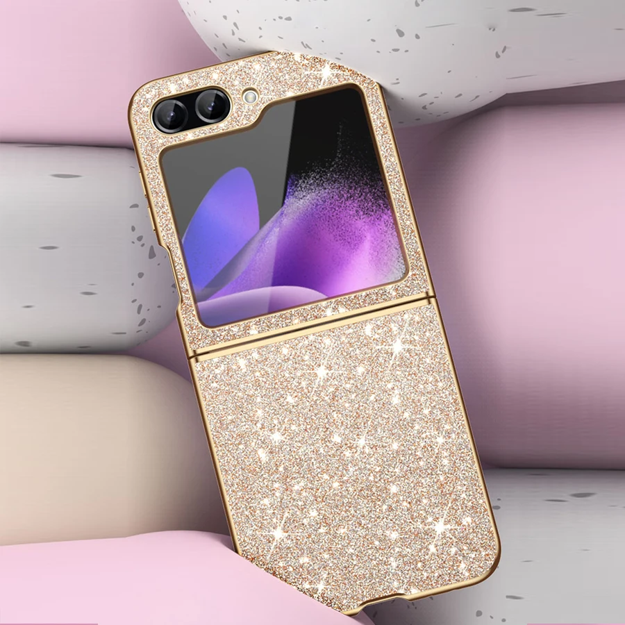 Color: Gold, Material: ABS - sparkling Stylish phone case Samsung Galaxy Z Flip 5 4 5G protective cover Cell phone case for women