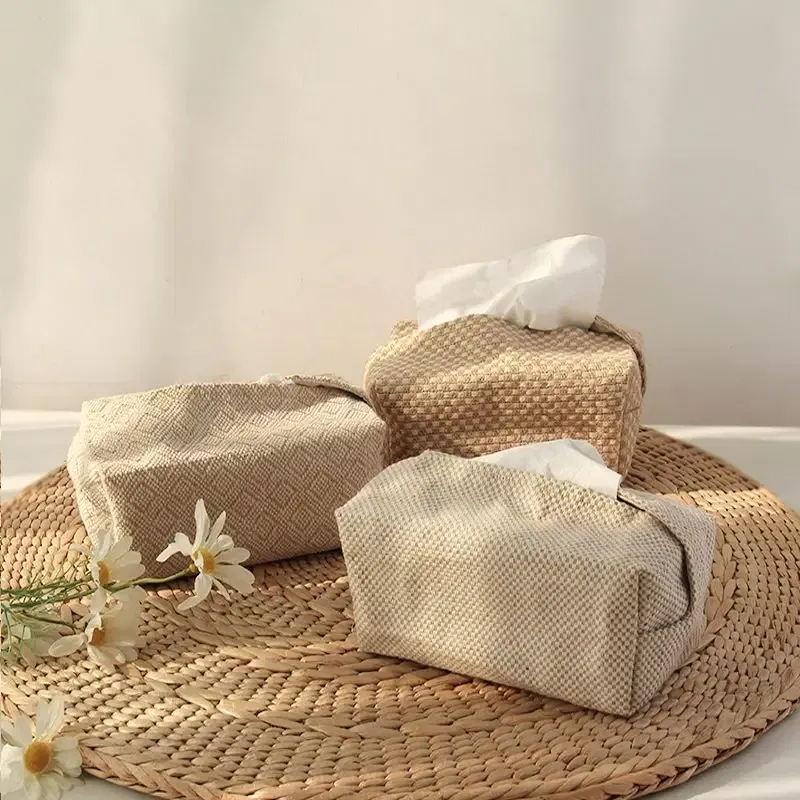 Color: Chocolate - Checkerboard Woven Tissue Box PU Leather Napkin Case Living Room Office Desktop Home Decoration Creative Paper Towel Cover