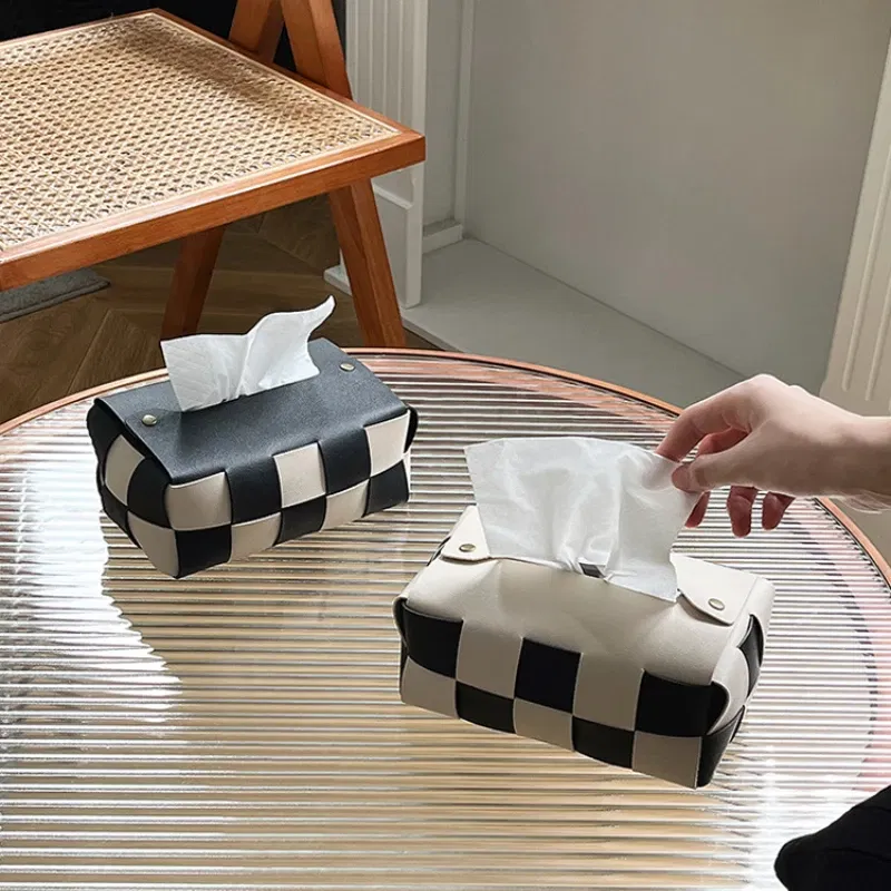 Color: Chocolate - Checkerboard Woven Tissue Box PU Leather Napkin Case Living Room Office Desktop Home Decoration Creative Paper Towel Cover